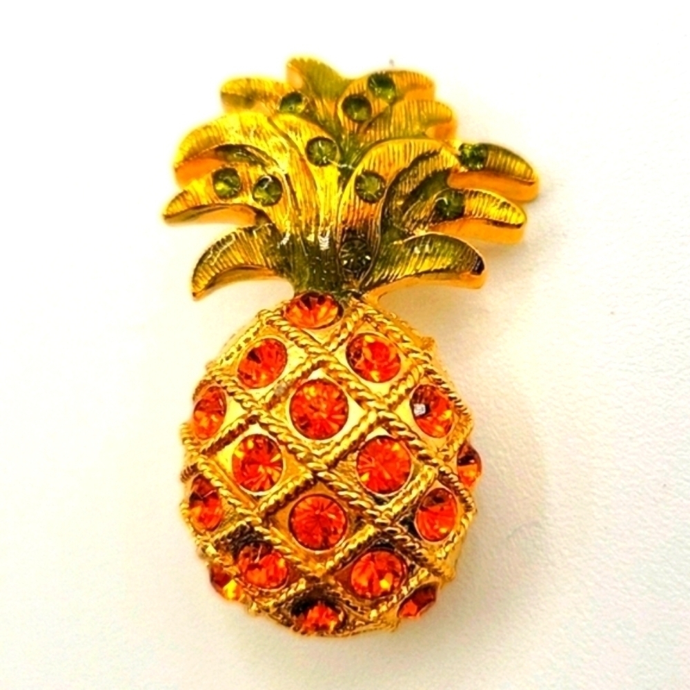 Vintage Pineapple Brooch Gold Tone Enamel  Rhinestones